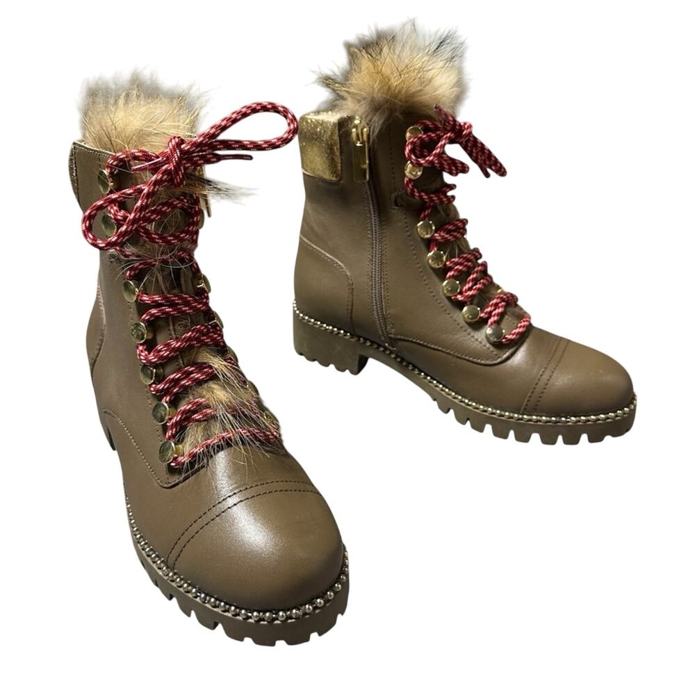 Cecelia New York Trekker Brown Tan Gold Fur Lace Up Hiker Combat Boots